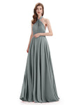 Simple A-Line High Neck Pleats Chiffon Floor Length Bridesmaid Dresses