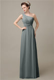 Simple A-line Chiffon One Shoulder Floor-Length Long Bridesmaid Dresses.