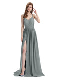 Spaghetti Straps A-line Chiffon Side Slit Long Bridesmaid Dresses