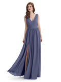 A-Line V-Neck Sleeveless Split Side Chiffon Long Bridesmaid Dresses