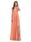 Simple V-neck Chiffon Floor-Length Side Slit Long Bridesmaid Dresses