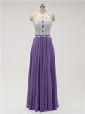 Top Lace Halter Chiffon Floor Length Bridesmaid Dresses