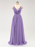 A-line Spaghetti Straps V Neck Chiffon Floor Length Bridesmaid Dresses