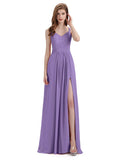 Simple V-neck Chiffon Floor-Length Side Slit Long Bridesmaid Dresses