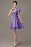 Popular A-line Chiffon One Shoulder Ruffle Sleeves Short Bridesmaid Dresses