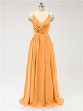 A-line Spaghetti Straps V Neck Chiffon Floor Length Bridesmaid Dresses