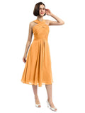 A-line Sleeveless Criss-cross Halter Tea-length Bridesmaid Dresses