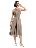 A-line Sleeveless Criss-cross Halter Tea-length Bridesmaid Dresses