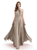 A-Line Cross Neck Pleats Chiffon Long Bridesmaid Dresses