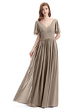 Chiffon A-line Short Sleeves Elegant Floor-Length Bridesmaid Dresses