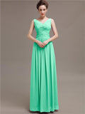 Simple V-Neck Pleats Chiffon Long Bridesmaid Dresses