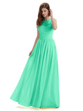 A-Line Round Neck Lace Pleats Floor Length Bridesmaid Dresses