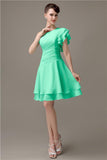 Popular A-line Chiffon One Shoulder Ruffle Sleeves Short Bridesmaid Dresses