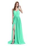 Spaghetti Straps A-line Chiffon Side Slit Long Bridesmaid Dresses