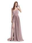 Spaghetti Straps A-line Chiffon Side Slit Long Bridesmaid Dresses