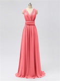 A-line Convertable V Neck Floor Length Jersey Bridesmaid Dresses