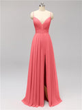 Honest Chiffon Spaghetti Straps Slit Long Bridesmaid Dresses