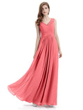 Simple V-neck Chiffon Floor-Length Long Bridesmaid Dresses