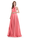 Simple A-Line High Neck Pleats Chiffon Floor Length Bridesmaid Dresses