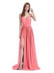 Spaghetti Straps A-line Chiffon Side Slit Long Bridesmaid Dresses