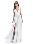 A-Line V-Neck Sleeveless Split Side Chiffon Long Bridesmaid Dresses