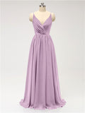 A-line Spaghetti Straps V Neck Chiffon Floor Length Bridesmaid Dresses