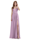 Simple V-neck Chiffon Floor-Length Side Slit Long Bridesmaid Dresses