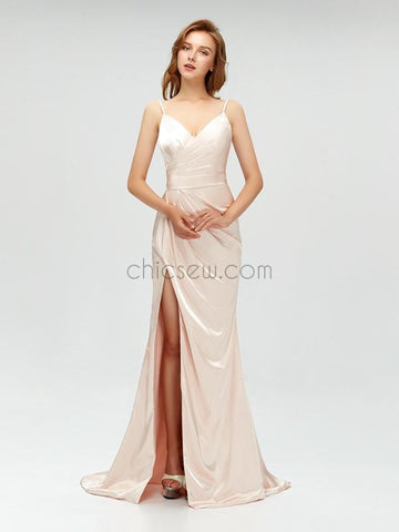 Charming Spaghetti Straps Mermaid Slit Pleated Bridesmaid Dresses, YKX014