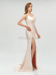 Charming Spaghetti Straps Mermaid Slit Pleated Bridesmaid Dresses, YKX014