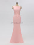 Pink Chiffon Mermaid Backless Beaded Bridesmaid Dresses, YKX021