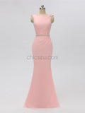 Pink Chiffon Mermaid Backless Beaded Bridesmaid Dresses, YKX021