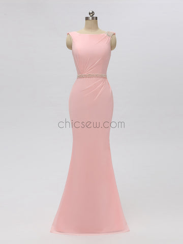 Pink Chiffon Mermaid Backless Beaded Bridesmaid Dresses, YKX021