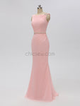 Pink Chiffon Mermaid Backless Beaded Bridesmaid Dresses, YKX021