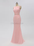 Pink Chiffon Mermaid Backless Beaded Bridesmaid Dresses, YKX021