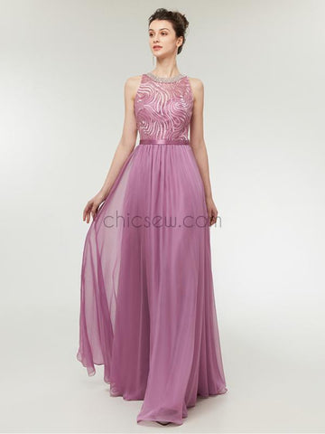 Honest A-line Chiffon Sleeveless Beaded Lace Top Bridesmaid Dresses, YKX036