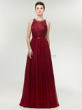 Burgundy A-line Chiffon Sleeveless Beaded Lace Top Bridesmaid Dresses, YKX037