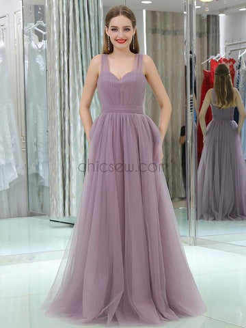 Elegant A-line Tulle Sleeveless Floor-Length Bridesmaid Dresses, YKX063