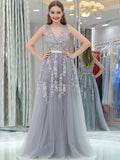 Grey A-line Sleeveless Lace V-neck Tulle Bridesmaid Dresses, YKX066