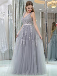 Grey A-line Sleeveless Lace V-neck Tulle Bridesmaid Dresses, YKX066