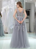 Grey A-line Sleeveless Lace V-neck Tulle Bridesmaid Dresses, YKX066