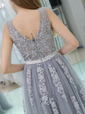 Grey A-line Sleeveless Lace V-neck Tulle Bridesmaid Dresses, YKX066