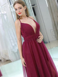 Spaghetti Straps A-line Tulle Deep V-nec Sleeveless Bridesmaid Dresses, YKX073