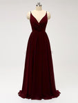 Spaghetti Strap Dark Red V Neck Chiffon Long Bridesmaid Dresses XDM1123