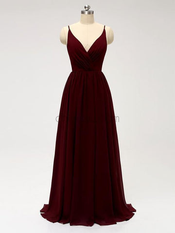 Spaghetti Strap Dark Red V Neck Chiffon Long Bridesmaid Dresses XDM1123