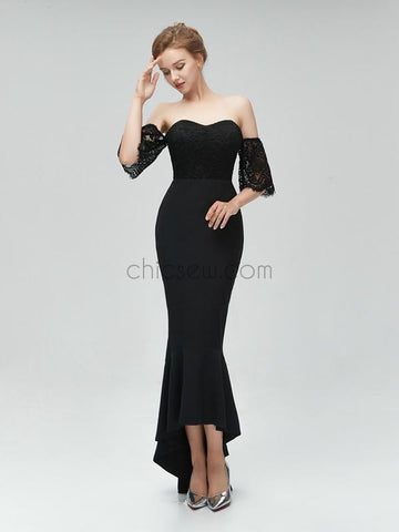 Black Sweetheart Lace High Low Mermaid Long Bridesmaid Dresses XDM1115