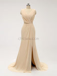 Pretty V Neck Side Slit Chiffon With Ruffles Long Bridesmaid Dresses XDM1125