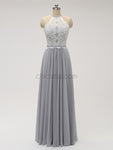 Simple Halter Lace Top Chiffon Floor Length Chiffon Long Bridesmaid Dresses XDM1121