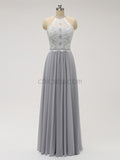 Simple Halter Lace Top Chiffon Floor Length Chiffon Long Bridesmaid Dresses XDM1121