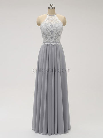 Simple Halter Lace Top Chiffon Floor Length Chiffon Long Bridesmaid Dresses XDM1121