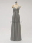 Cheap Spaghetti Strap V Neck Grey Chiffon Long Bridesmaid Dresses XDM1120